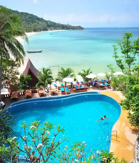 Beachfront pool with sunbeds overlooking Haad Yao bay at Haad Yao Bayview Resort, Koh Phangan — zouk venue in Koh Phangan