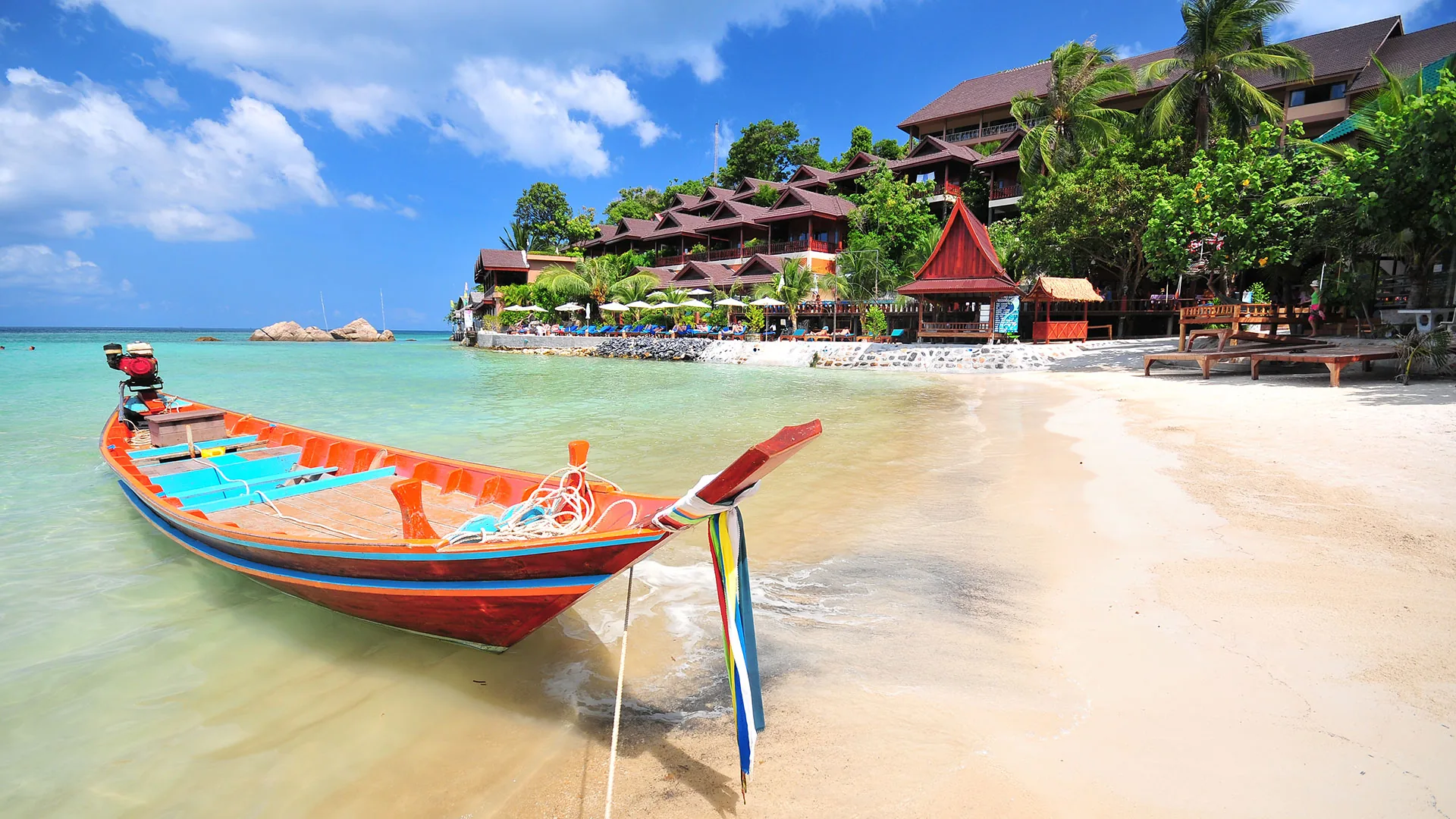 Traditional longtail boat in front of Haad Yao Bayview Resort on Koh Phangan, Thailand
