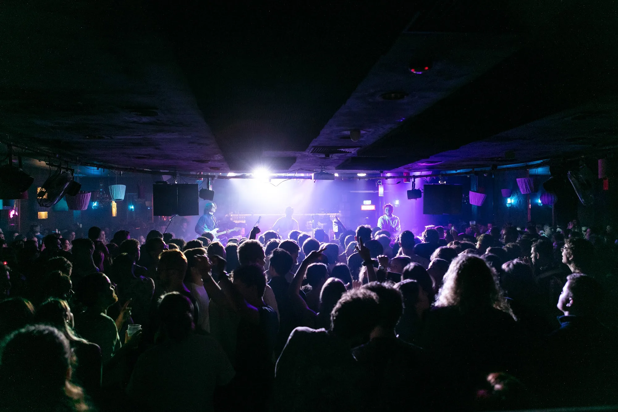 Packed crowd watching a live band under purple stage lights at The Night Cat in Melbourne
