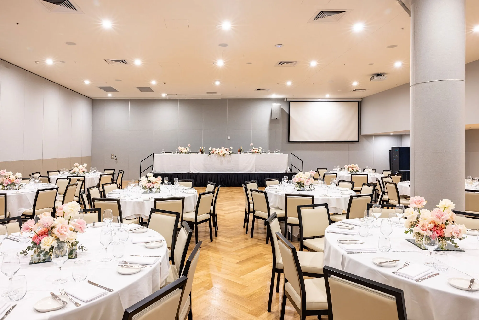 Function hall with parquet dance floor and stage at Polish Club Ashfield, Sydney