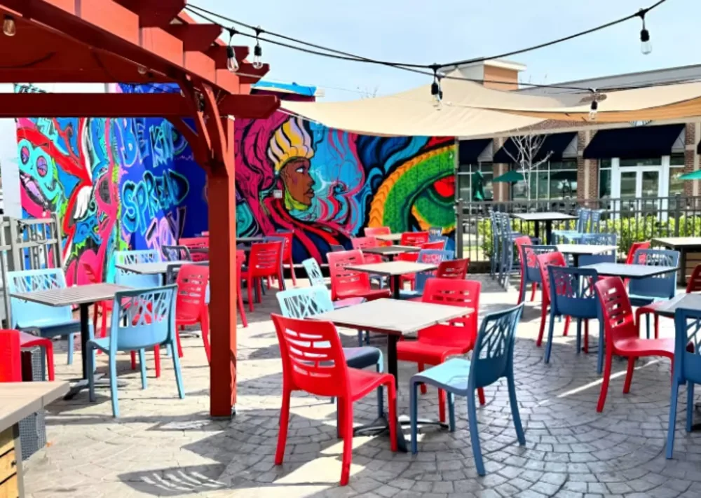 Outdoor patio with vibrant murals and string lights at Rai's Rendezvous, Ashburn