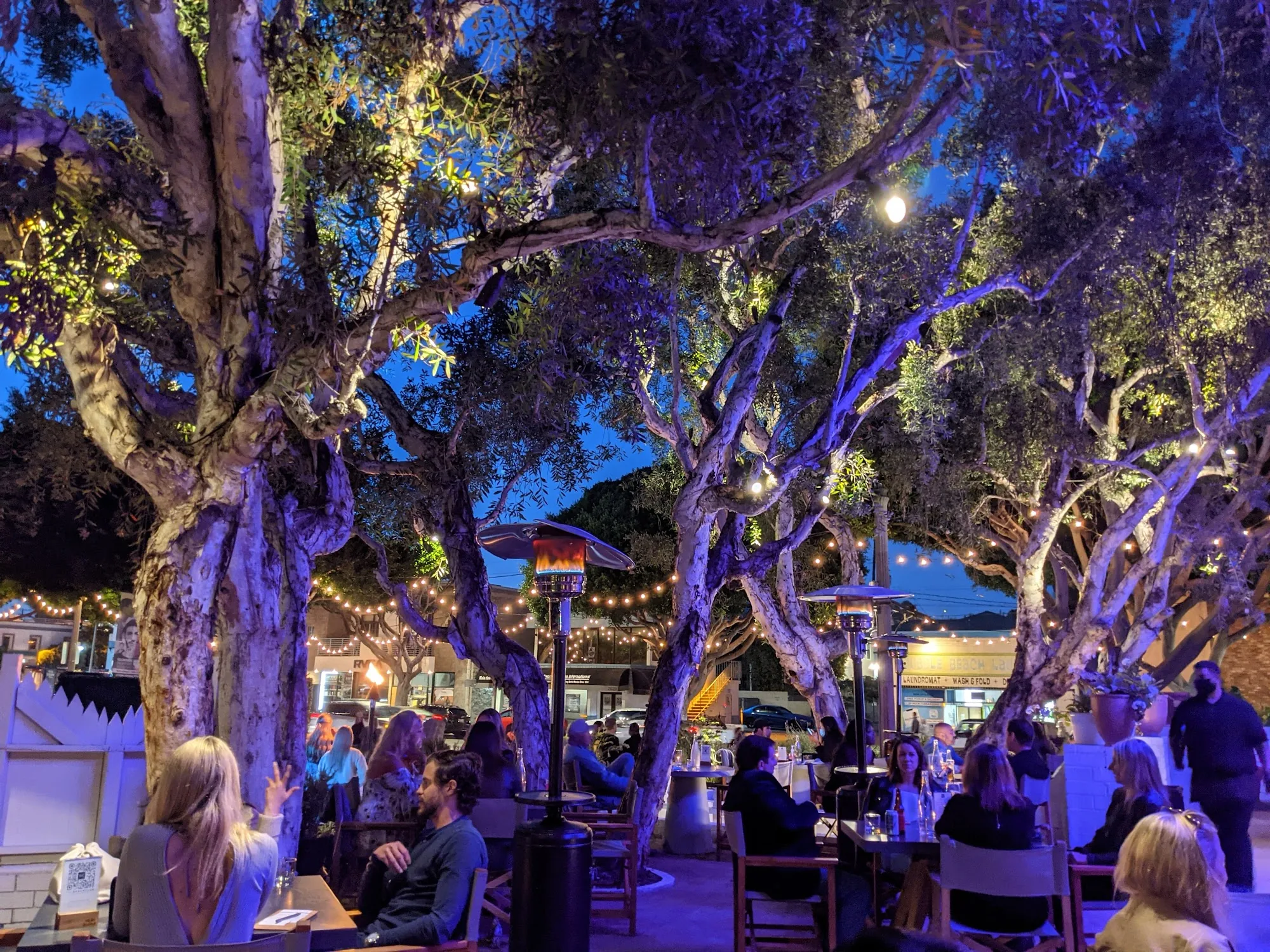 Evening crowd under lit trees at The Victorian outdoor venue in Los Angeles