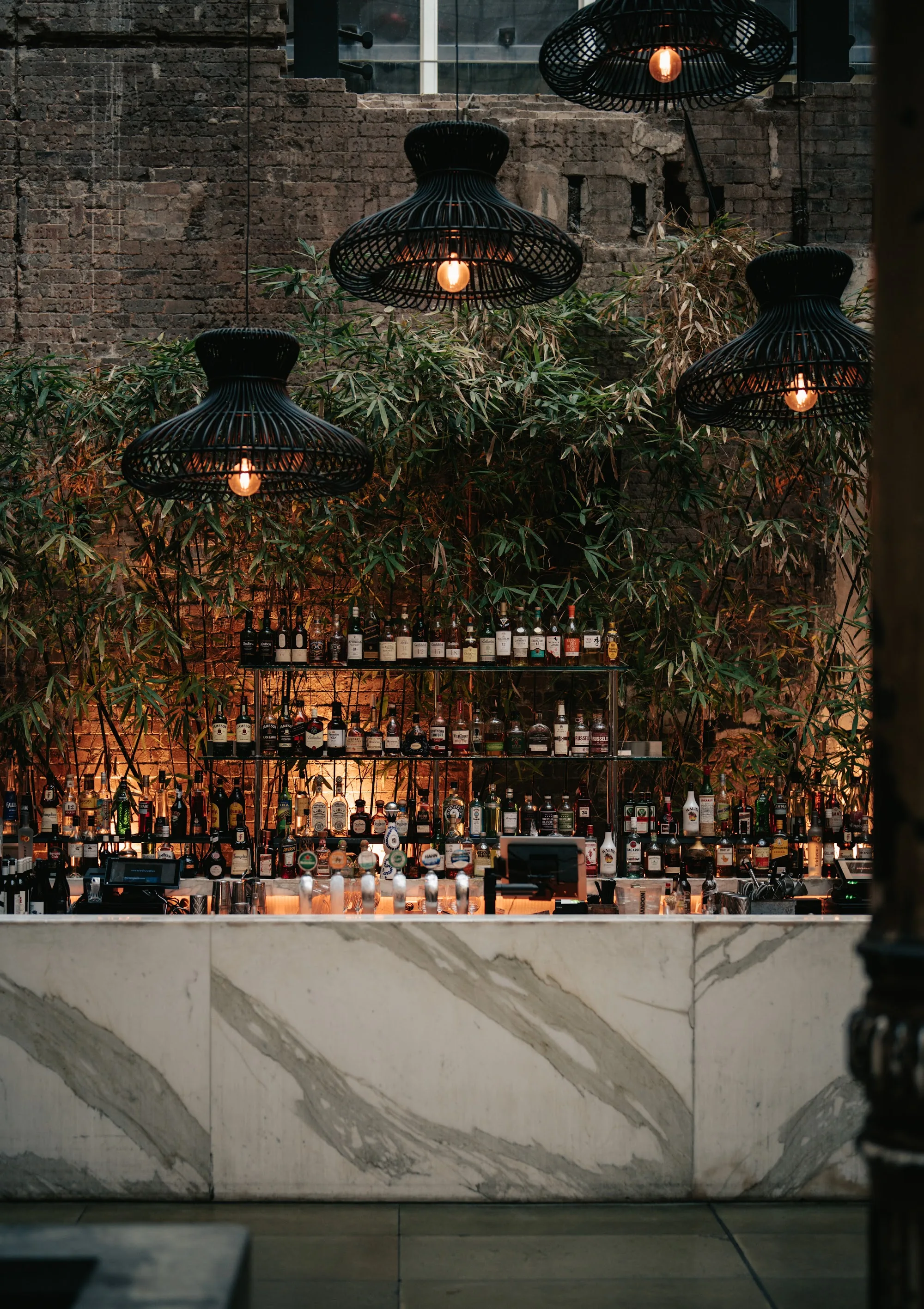 Marble bar counter at Establishment Bar Sydney with rattan pendant lights and lush greenery backdrop