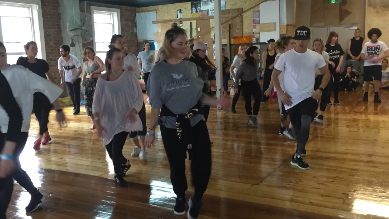 Crowd of dancers on the wooden floor at The Space Dance & Arts Centre Melbourne during a class