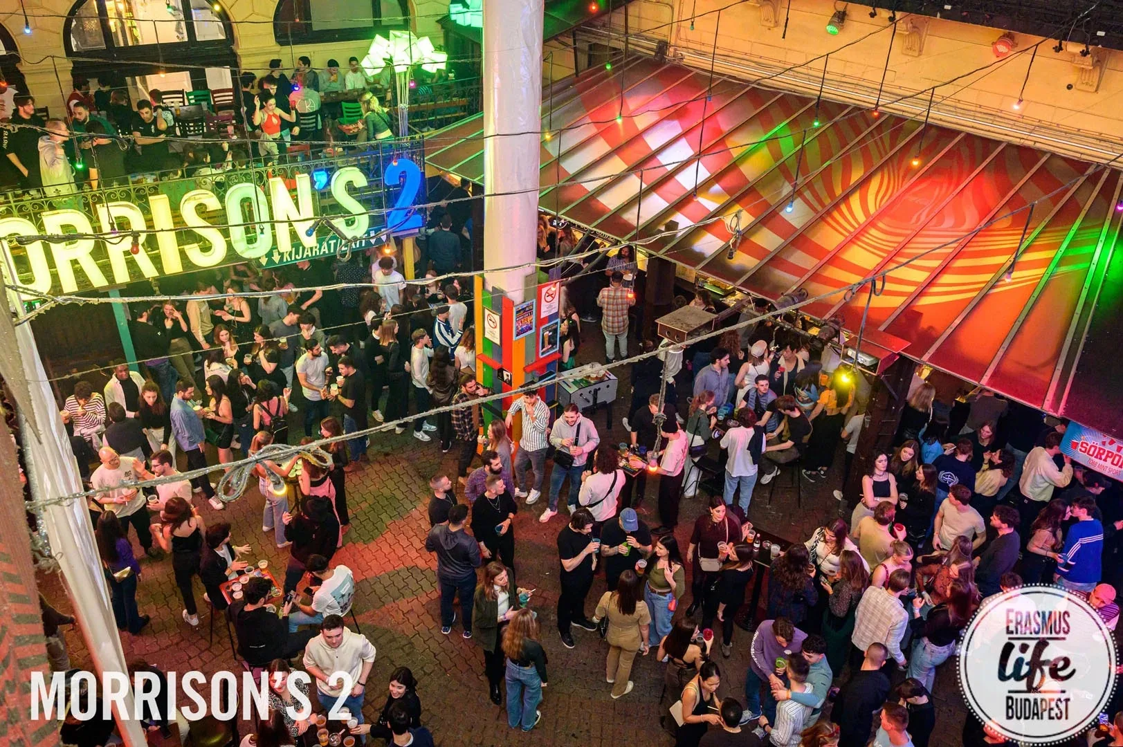Overhead view of the Morrison's 2 courtyard signage and dance crowd in Budapest