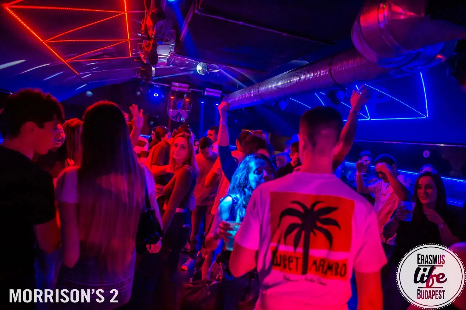 Dancers under disco lights and lasers on the Morrison's 2 Klub dance floor in Budapest