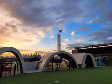 Rooftop terrace at sunset at Victorian Pride Centre Melbourne venue — bachata, salsa, zouk venue in Melbourne
