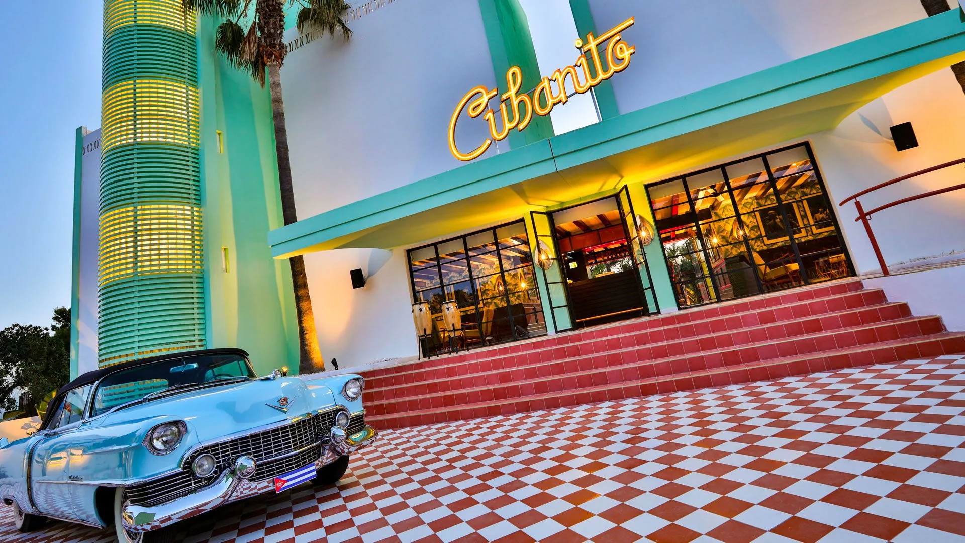 Cubanito Ibiza hotel exterior with vintage car